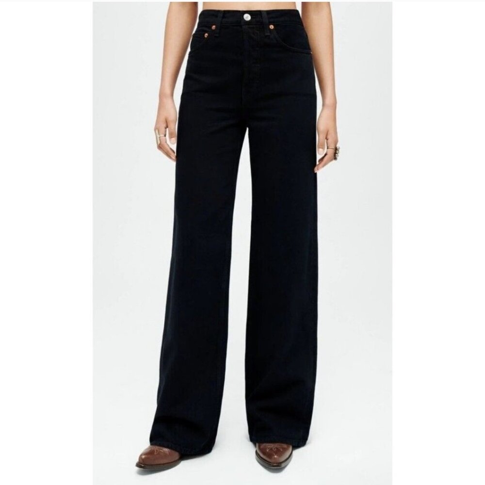 RE/DONE 70s High Rise Wide Leg Jeans Women's Size 32 Black Denim Retro Western